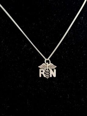 JAMES AVERY Sterling Silver RN Registered Nurse Pin Pendant Necklace; 14” Curb